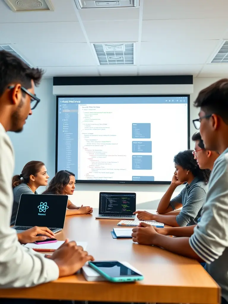 A group of students collaborating on a cross-platform mobile app development project at Countesszone, using React Native framework.
