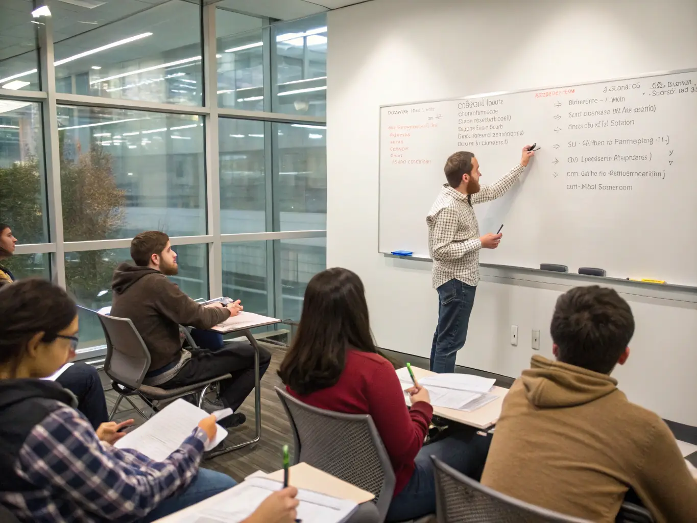 An image of an instructor explaining complex coding concepts on a large screen, with students attentively taking notes.