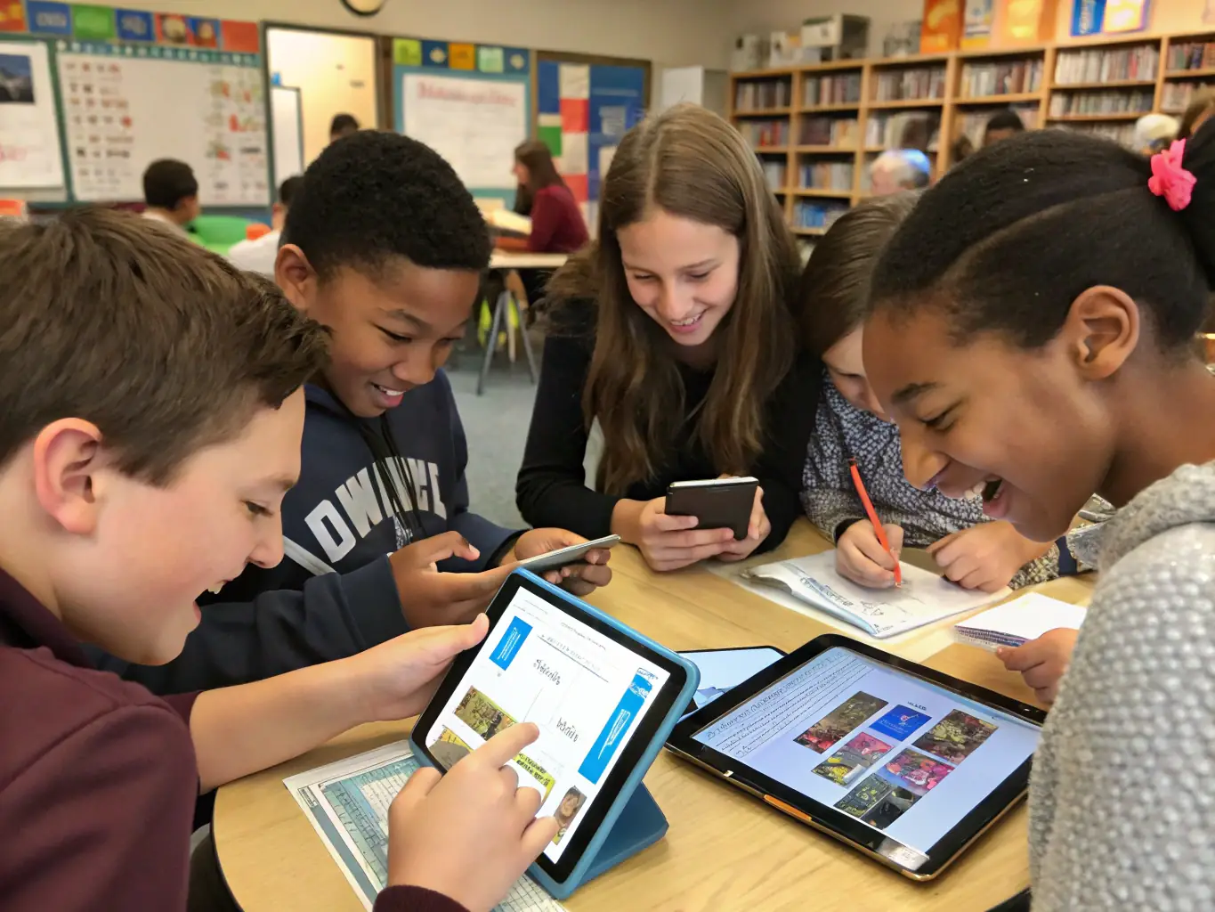 An image of students collaborating on a mobile app project in a modern, well-equipped classroom, showcasing teamwork and innovation.