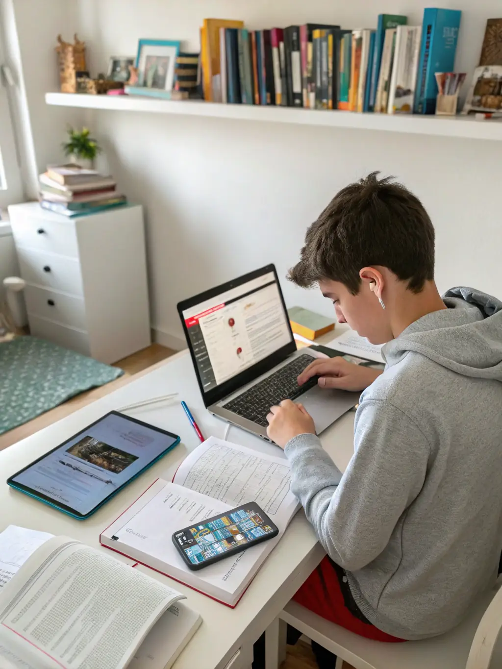A focused shot of a student coding on a laptop, surrounded by mobile devices, in a modern classroom setting. The image represents the practical, hands-on approach of the iOS Development course at Countesszone.