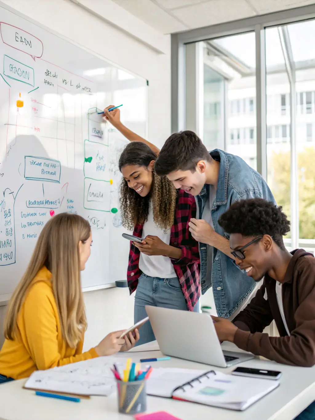 A diverse group of students collaborating on a mobile app project, using Android devices, in a bright and collaborative workspace. The image highlights the teamwork and practical application in the Android Development course.