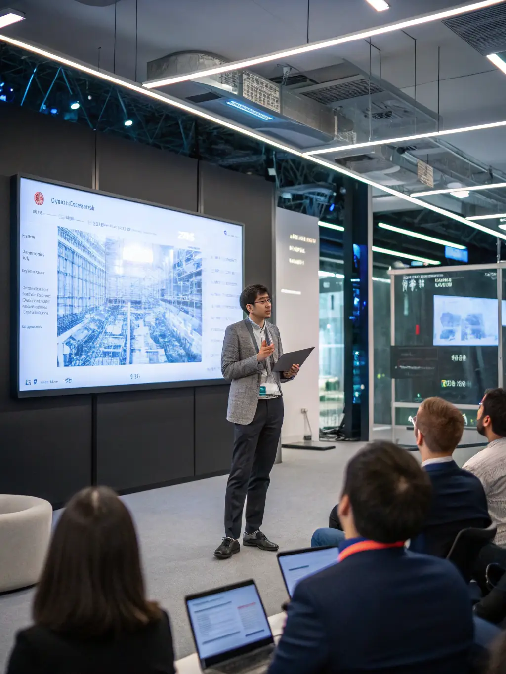 A student successfully presenting their mobile app project during a course showcase at Countesszone, with instructors and other students observing and providing feedback.